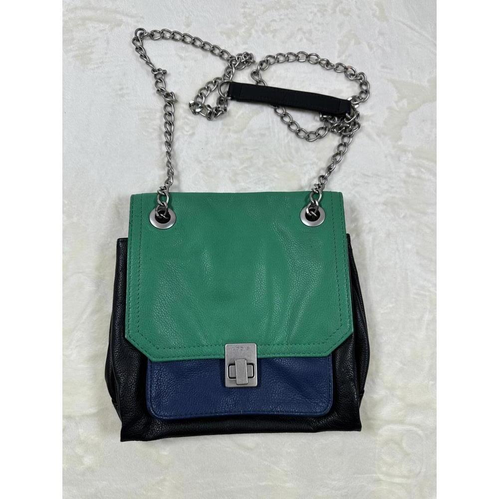 Lodis Green Blue Black Leather Colorblock Crossbody Bag With Chain Strap